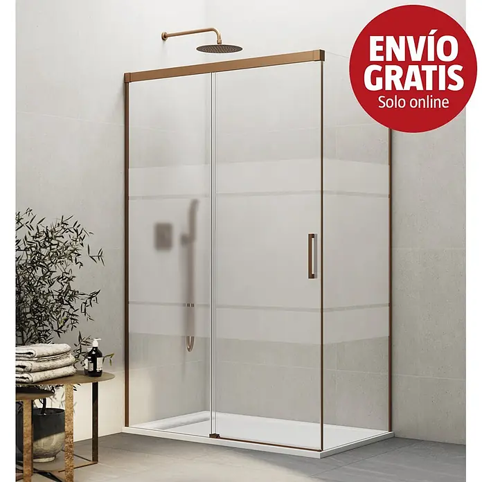 GME Mampara de ducha frontal Basic - L x An x Al: 75 x 72 x 196 cm, Vidrio serigrafiado, Cobre - Mampara de ducha con marco color bronce y paneles de cristal parcialmente esmerilado en baño moderno.