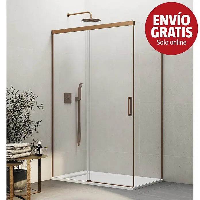 GME Mampara de ducha esquinera Basic - L x An x Al: 75 x 72 x 195 cm, Vidrio transparente, Cobre - Mampara de ducha moderna con marco color bronce y cristal transparente, con sistema de ducha a juego.