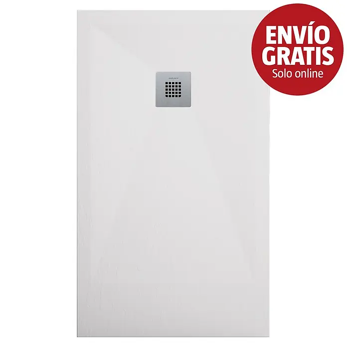 Duplach Plato de ducha Plus - L x An: 90 x 80 cm, Material compuesto, Blanco - Plato de ducha rectangular blanco con superficie texturizada y desagüe cuadrado metálico central.