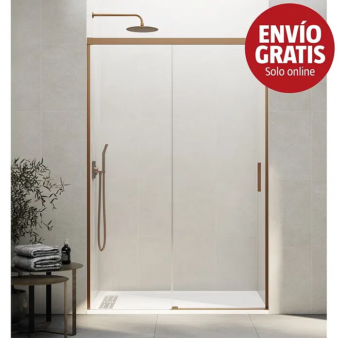 GME Mampara de ducha frontal Basic - 115 x 196 cm, Vidrio transparente, Cobre - Mampara de ducha con marco de bronce, cristal transparente y grifería a juego en un baño moderno.