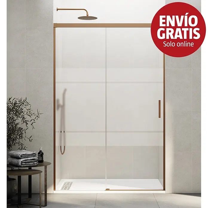 GME Mampara de ducha frontal Basic - 160 x 196 cm, Vidrio serigrafiado, Cobre - Mampara de ducha con marco oro rosa y cristal esmerilado en un baño moderno.