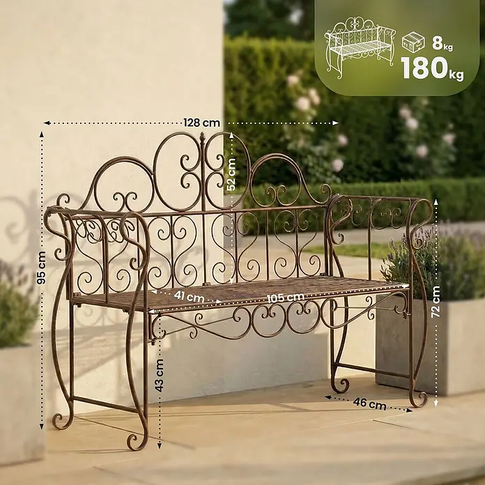 Furnicato Gartenbank Minna aus Metall -  - Verzierte braune Metall-Gartenbank mit Schnörkeln, im Freien gezeigt mit Maßen: 128cm L x 95cm H, 180kg Tragkraft.