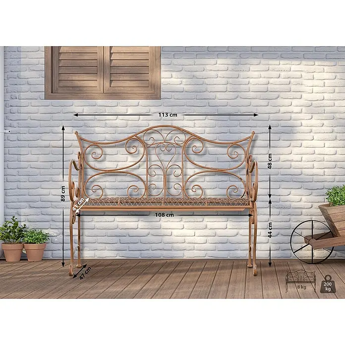Furnicato Gartenbank Tara -  - Bronzefarbene, verzierte Metall-Gartenbank mit Schnörkeln, mit ihren Maßen dargestellt.