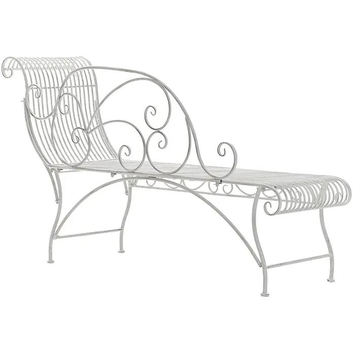 Furnicato Gartenbank Karma Jugendstil aus Eisen -  - Weiße, patinierte Metall-Chaiselongue mit verschnörkelten Rollen, ideal für Garten oder Terrasse.