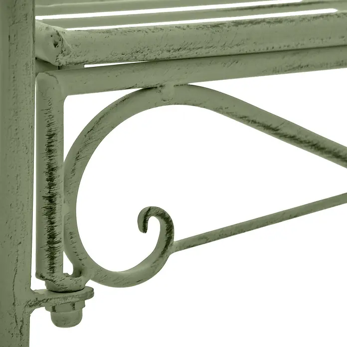 Furnicato Gartenbank Minna aus Metall -  - Detaillierte Ansicht einer distressed salbeigrünen Metallablage mit dekorativer Schnörkelstütze.