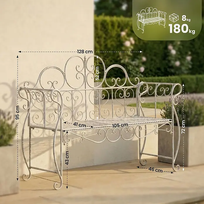 Furnicato Gartenbank Minna aus Metall -  - Verzierte Gartenbank aus antikweißem Metall mit elegantem Rankenmuster.