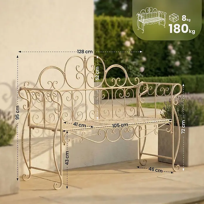 Furnicato Gartenbank Minna aus Metall -  - Verzierte cremefarbene Gartenbank aus Metall mit Schnörkeln, im Freien gezeigt. 128 cm breit, 95 cm hoch.