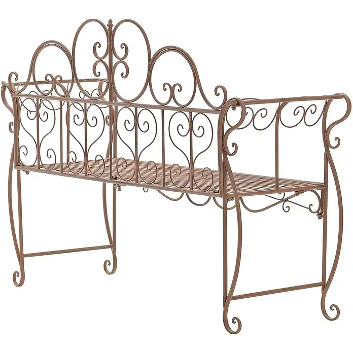 Furnicato Gartenbank Minna aus Metall -  - Verzierte, rostbraune Schmiedeeisenbank mit dekorativen Schnörkeln und Lattenrostsitz, ideal für Garten oder Terrasse.
