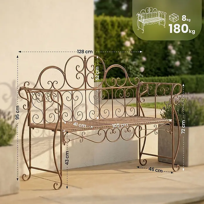 Furnicato Gartenbank Minna aus Metall -  - Verzierte Gartenbank aus bronzefarbenem Metall mit Schnörkeln, draußen. Maße und Tragfähigkeit sind angegeben.