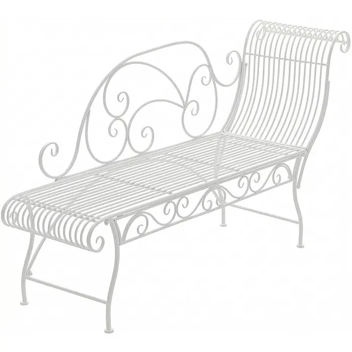 Furnicato Gartenbank Karma Jugendstil aus Eisen -  - Weißes, verschnörkeltes Metall-Chaiselongue mit Ranken und einer Lamellensitzfläche und -rückenlehne.