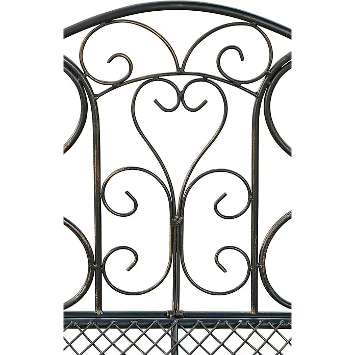 Furnicato Gartenbank Tara -  - Verziertes dunkelbronzenes Metalltorstück mit dekorativen Schnörkeln und Herzdesign über einem Rautennetz.