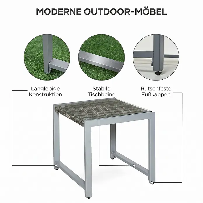 Furnicato Beistelltisch Polyrattan Grau Hartglas 50x49,5x50 cm -  - Moderner Outdoor-Beistelltisch mit grauem Metallgestell, gemusterter Tischplatte und rutschfesten Füßen.