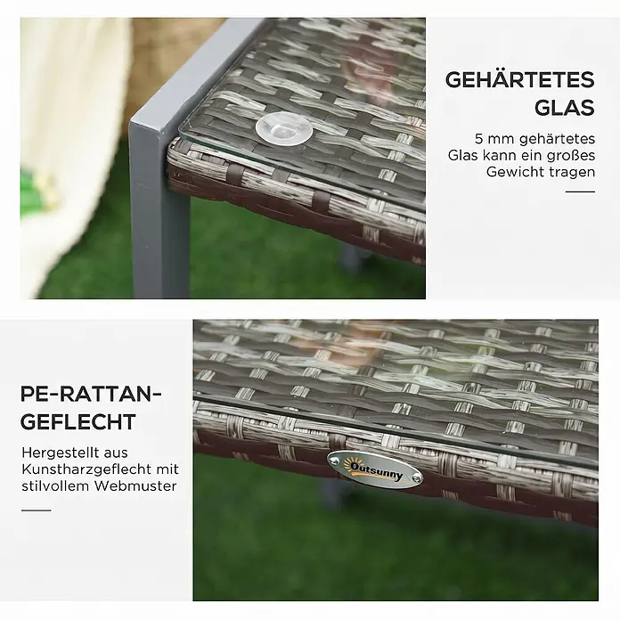 Furnicato Beistelltisch Polyrattan Grau Hartglas 50x49,5x50 cm -  - Terrassentisch-Oberfläche mit braunem/grauem PE-Rattan-Geflecht und klarer gehärteter Glasplatte.