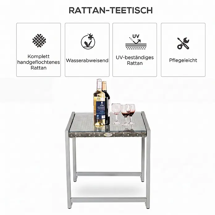 Furnicato Beistelltisch Polyrattan Grau Hartglas 50x49,5x50 cm -  - Grauer Rattan-Teetisch mit Glasplatte, darauf zwei Weinflaschen und Gläser.
