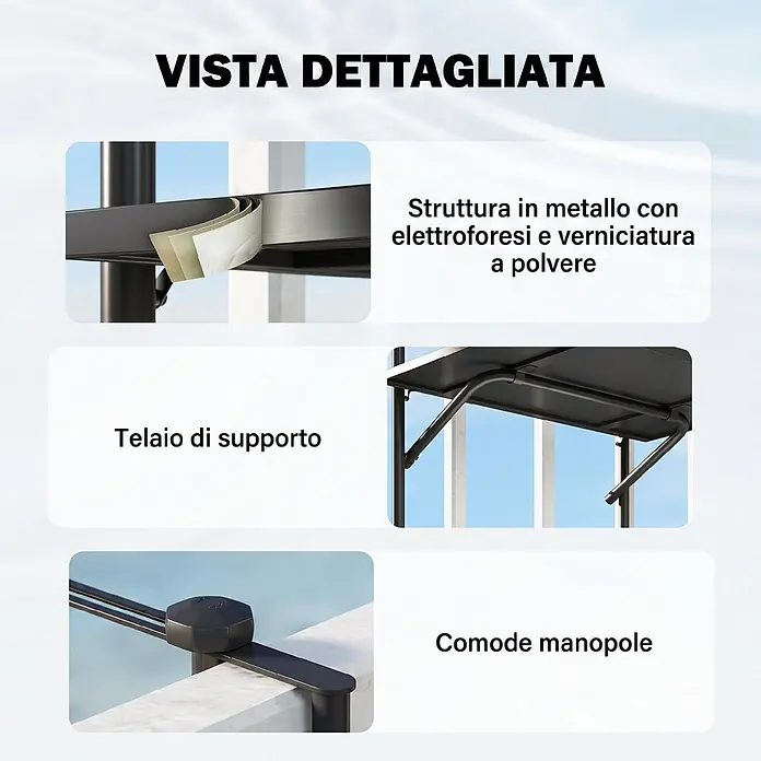 Furnicato Beistelltisch aus Stahl, schwarz, klappbar -  - Detailansichten der Merkmale eines Balkonprodukts: pulverbeschichtete Metallstruktur, Stützrahmen und ergonomische Knöpfe.