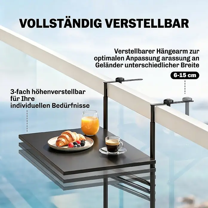 Furnicato Beistelltisch aus Stahl, schwarz, klappbar -  - Schwarzer, verstellbarer Balkontisch am Geländer mit Frühstück. Höhen- und breitenverstellbar.