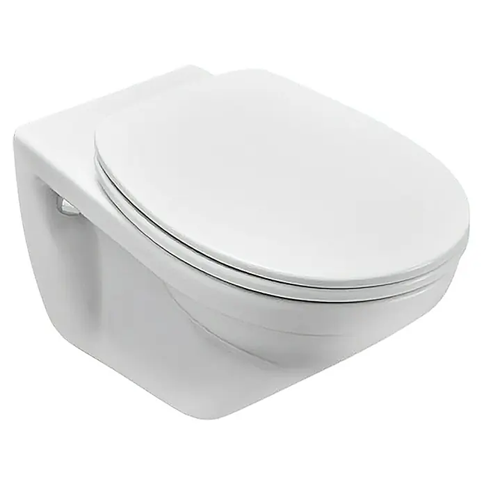 Villeroy & Boch Wand-WC Omnia Pro - Mit Spülrand, Ohne Spezialglasur, Spülform: Tief, WC Abgang: Waagerecht, Weiß - Nahaufnahme einer wandhängenden Toilette mit Spülkasten, die ein elegantes und platzsparendes Design für moderne Badezimmer zeigt.