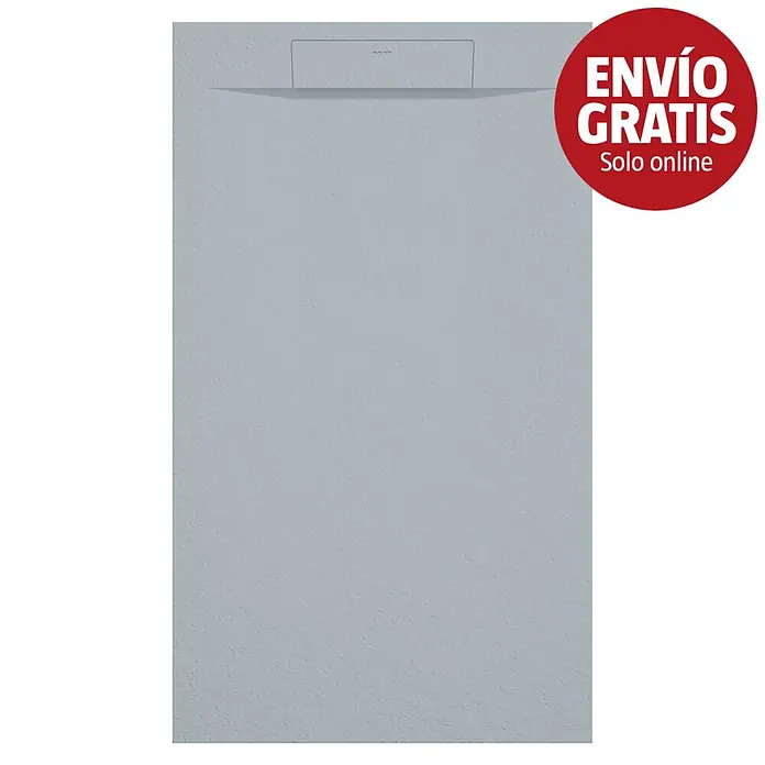 Duplach Plato de ducha Zeus - L x An: 210 x 80 cm, Material compuesto, Gris - Plato de ducha rectangular gris claro texturizado con desagüe lineal en la parte superior y pegatina roja 'ENVÍO GRATIS'.