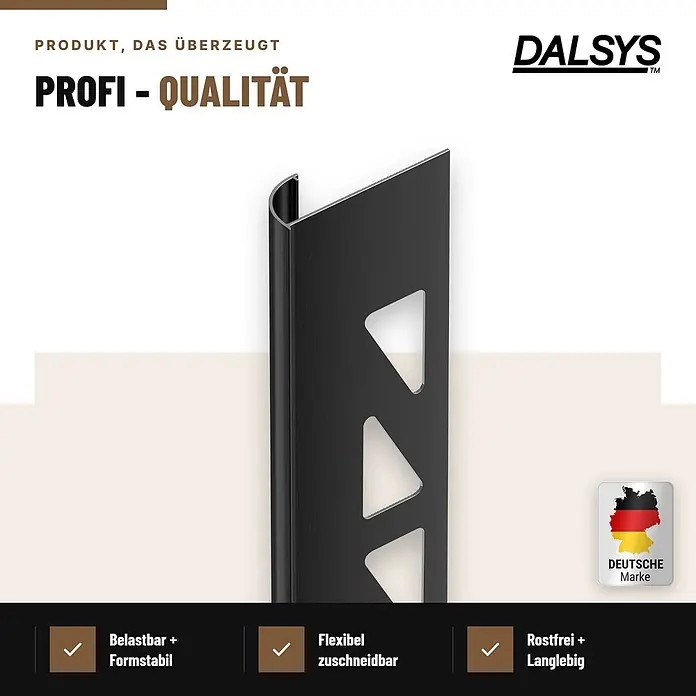 Dalsys Fliesenschiene Viertelkreis 2,5m x 8mm Aluminium Schwarz -  - Schwarzes DALSYS Fliesen-Winkelprofil aus gebürstetem Metall mit dreieckigen Aussparungen für dauerhafte Kanten.