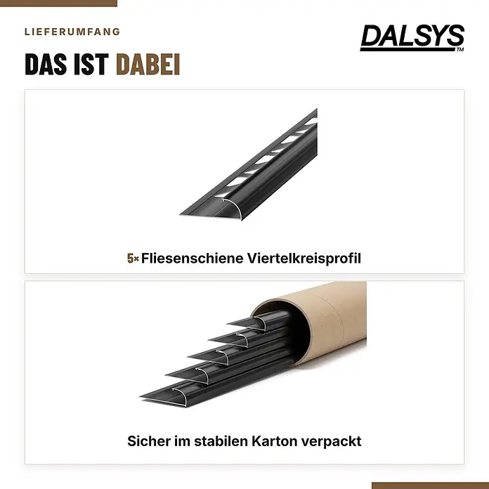 Dalsys Fliesenschiene Viertelkreis 5x 2,5m x 8mm Aluminium Schwarz -  - Fünf schwarze Viertelkreis-Fliesenschienen, sicher verpackt in einem stabilen Karton.