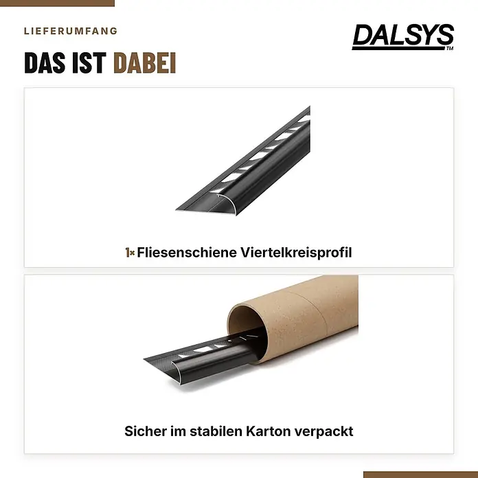 Dalsys Fliesenschiene Viertelkreis 2,5m x 8mm Aluminium Schwarz -  - Schwarzes Fliesenprofil (Viertelkreisprofil) und sicher verpackt in einem stabilen Karton.