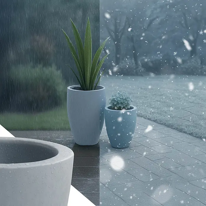 Furnicato Pflanzkübel-Set Fiberclay, 2-teilig, Steinoptik -  - Graue Pflanzgefäße mit Pflanzen bei Regen und Schnee, wetterfest.