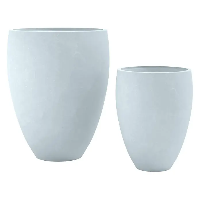 Furnicato Pflanzkübel-Set Fiberclay, 2-teilig, Steinoptik -  - Zwei hellgraue, strukturierte Pflanzgefäße unterschiedlicher Größe mit abgerundeter, sich verjüngender Form.