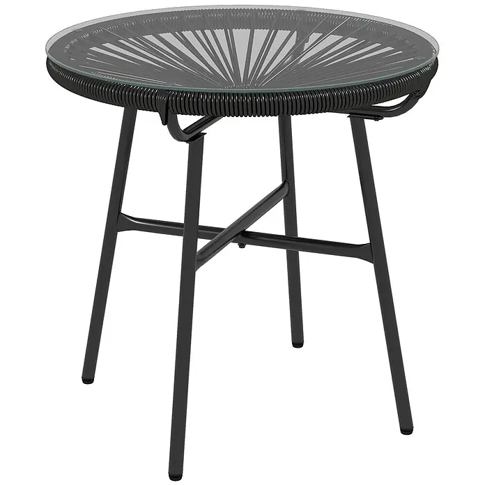 Furnicato Rattan-Beistelltisch schwarz, 50x50x50 cm -  - Schwarzer Outdoor-Tisch mit runder Glasplatte und schwarzem Geflechtrand auf stabilen schwarzen Metallbeinen.