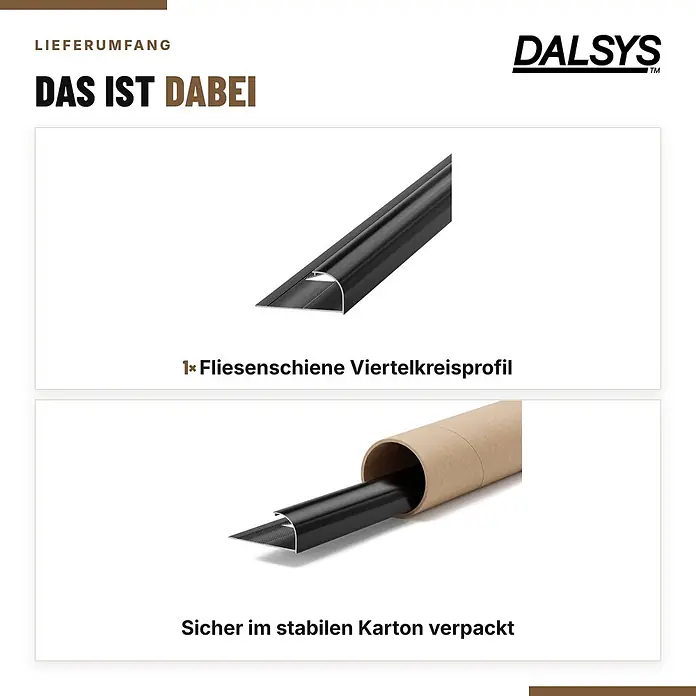 Dalsys Fliesenschiene Viertelkreis 2,5m x 12,5mm Aluminium Schwarz -  - Schwarze Viertelkreis-Fliesenschiene, auch sicher verpackt in einer Kartonröhre gezeigt.
