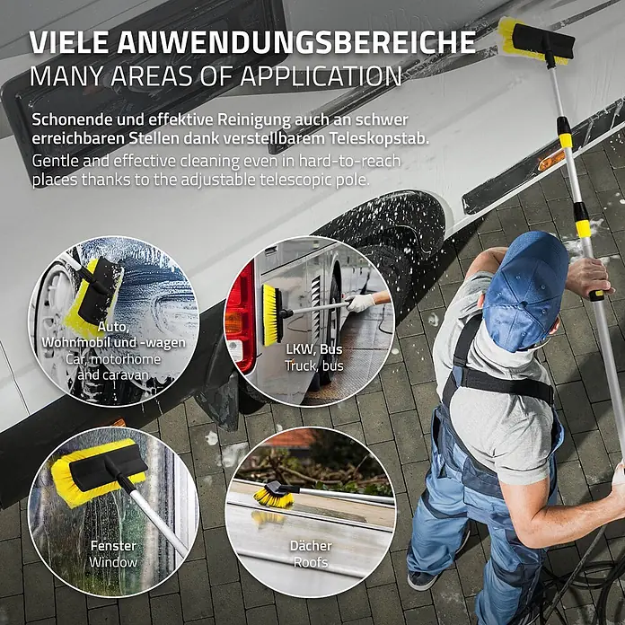 Autowaschbürste Schwarz - Gelb aus Aluminium -  - Gelbe Reinigungsbürste mit verstellbarem Teleskopstiel zur schonenden und effektiven Reinigung von Fahrzeugen, Fenstern und Dächern.