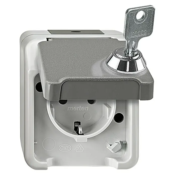 Merten Aquastar Steckdose MEG2422-8029 - Grau, Kunststoff, Aufputzmontage - Steckdose mit Schlüssel und grauer Abdeckung von Merten. Robuste Ausführung für den Einsatz in anspruchsvollen Umgebungen und sicheren Stromzugang.