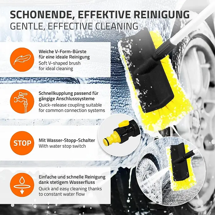 Autowaschbürste Schwarz - Gelb aus Aluminium -  - Autowaschbürste mit gelben Borsten und weißem Stiel, reinigt ein Auto. Mit Schnellkupplung und Wasserstopp-Schalter.