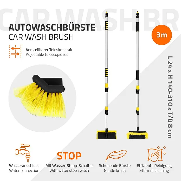 Autowaschbürste Schwarz - Gelb aus Aluminium -  - Gelb-schwarze Autowaschbürste mit verstellbarem Teleskopstiel, bis zu 3m ausziehbar.
