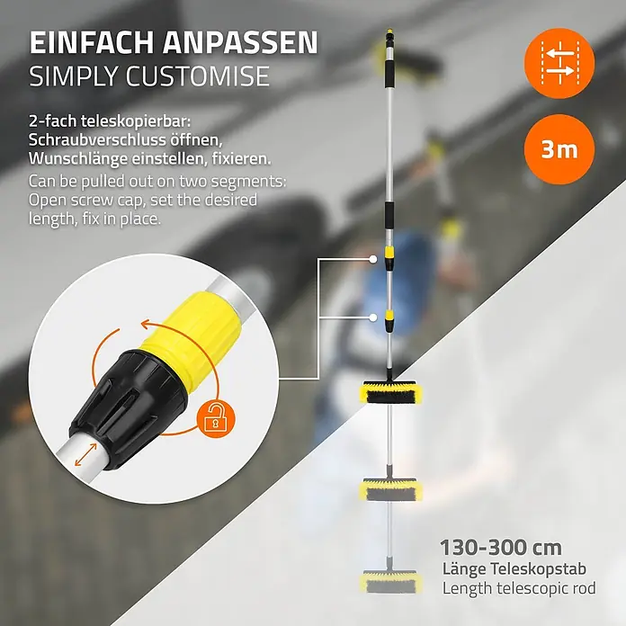 Autowaschbürste Schwarz - Gelb aus Aluminium -  - Gelb-schwarzer Teleskop-Reinigungsstab mit Bürste, zeigt zweifache Verstellung von 130 bis 300 cm mittels Schraubverschluss.
