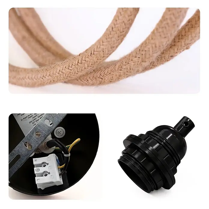 Hoopzi Pendelleuchte Twist 1 Flammig Beige mit schwarzer Fassung -  - Geflochtenes Naturfaserkabel, schwarze E27-Lampenfassung und interne Verkabelung einer Leuchte.