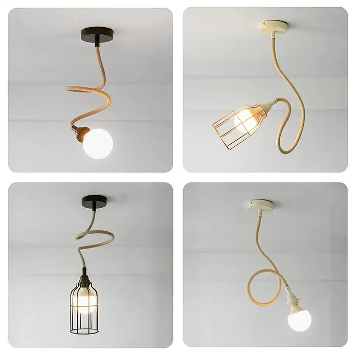 Hoopzi Pendelleuchte Twist 1 Flammig Beige mit schwarzer Fassung -  - Vier flexible Pendelleuchten mit seilummantelten Kabeln, verschiedenen minimalistischen Designs und Lampenfassungen.