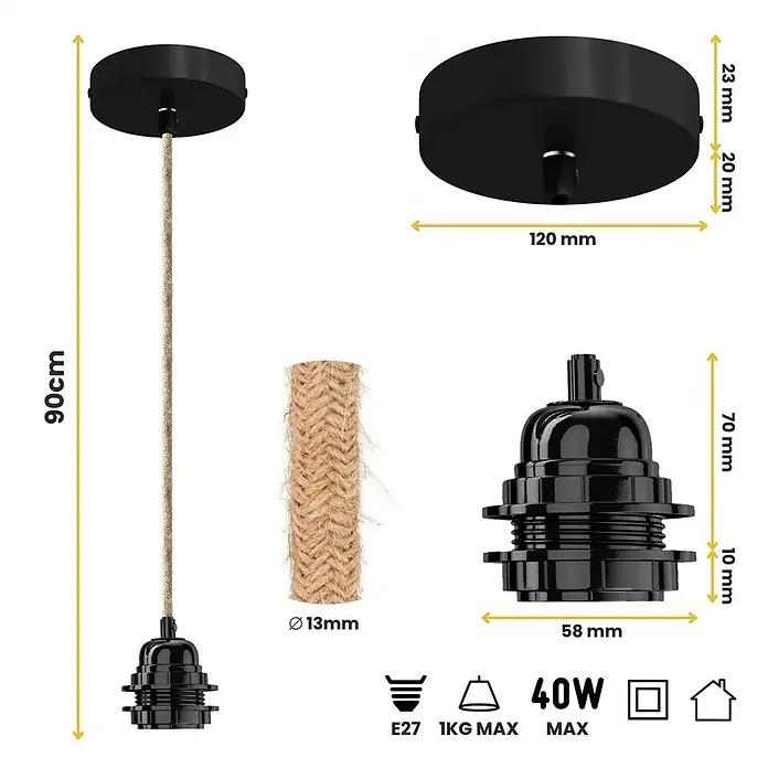 Hoopzi Pendelleuchte Twist 1 Flammig Beige mit schwarzer Fassung -  - Schwarze Deckenleuchtenfassung mit 90cm Jutekabel, kompatibel mit E27-Leuchtmitteln bis 40W und max. 1kg Last.