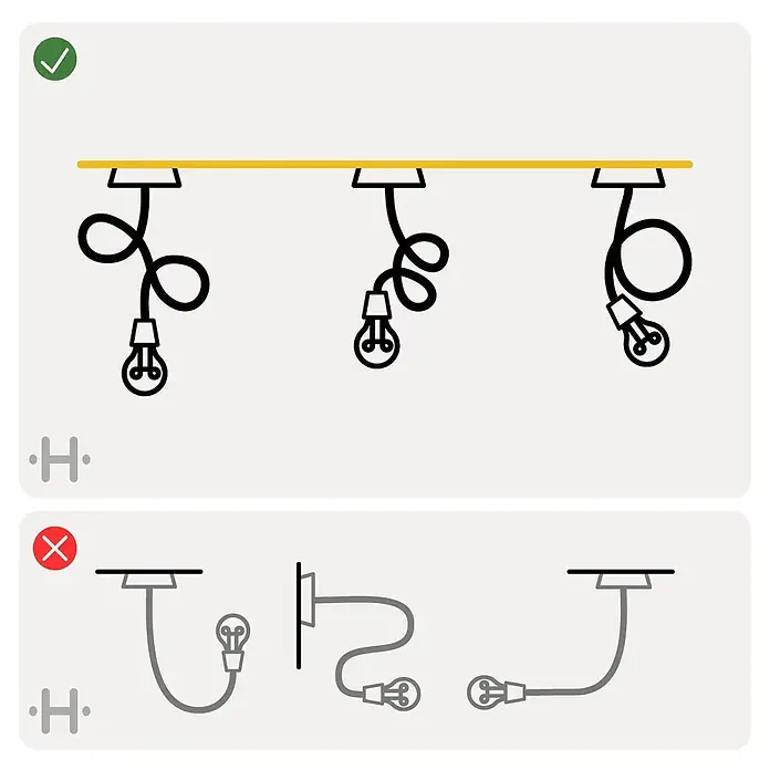 Hoopzi Pendelleuchte Twist 1 Flammig Beige mit schwarzer Fassung -  - Illustration korrekter (lange, spiralförmige schwarze Kabel) und inkorrekter (kurze, straffe graue Kabel) Pendelleuchtenanordnungen.