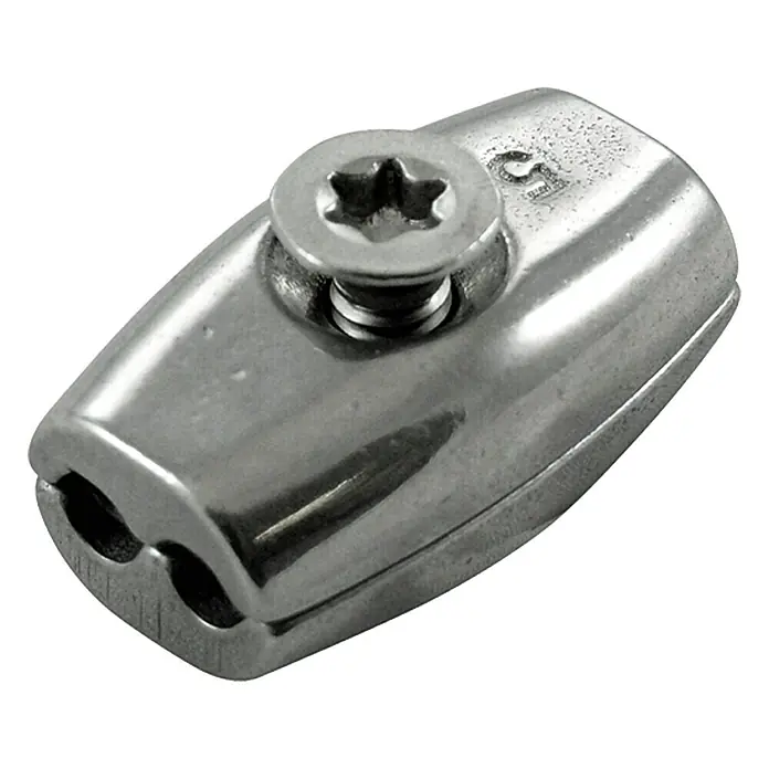 Drahtseilklemme - Seildurchmesser: 5 mm, A4 Stahl, 1 Stk., Oval - Nahaufnahme einer Seilklemme aus Edelstahl mit Innensechsrundschraube zur sicheren Befestigung von Drahtseilen.