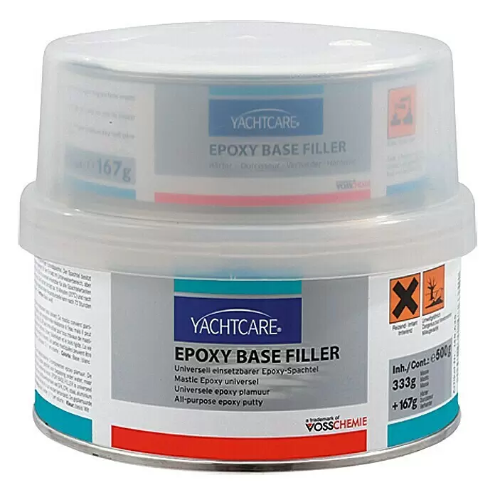 Yachtcare Epoxy Base Filler - 2 kg - Kit masilla epoxi base Yachtcare de dos componentes, blanco/gris, en envases transparentes apilados. Total 500g.