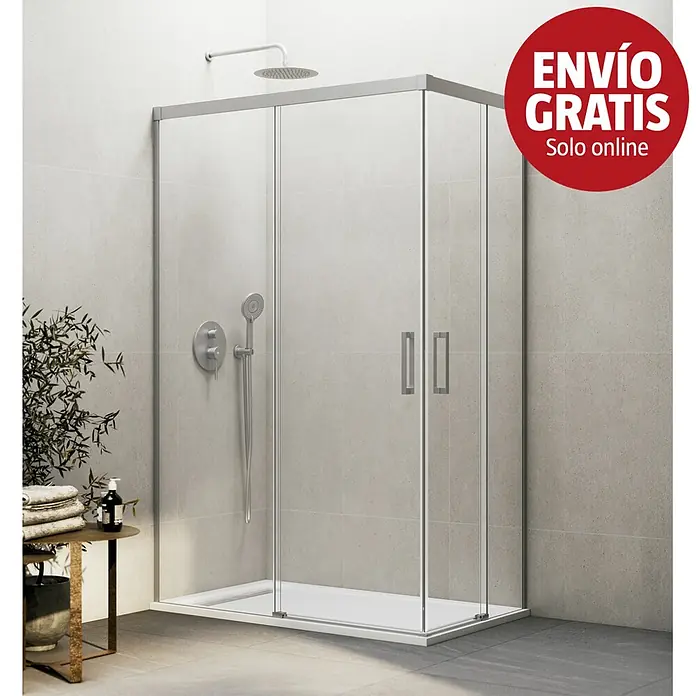 GME Mampara de ducha esquinera Basic Angular - L x An x Al: 70 cm x 70 mm x 196 cm, Vidrio transparente, Nickel - Moderna cabina de ducha con paneles de cristal transparente, marco plateado y plato de ducha blanco instalada en un baño alicatado.