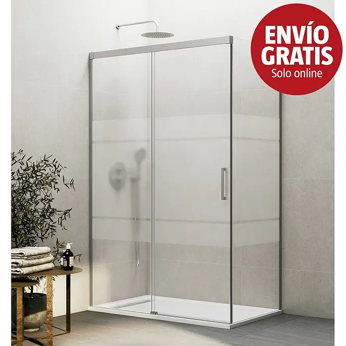 GME Mampara de ducha frontal Basic - L x An x Al: 75 x 165 x 196 cm, Vidrio serigrafiado, Nickel - Mampara de ducha moderna con vidrio transparente, franjas horizontales esmeriladas, marco plateado y plato de ducha blanco, en un baño contemporáneo.