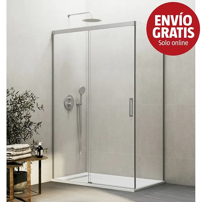 GME Mampara de ducha esquinera Basic - L x An x Al: 75 x 72 x 195 cm, Vidrio transparente, Nickel - Mampara de ducha de cristal moderna con marco plateado, plato de ducha blanco y grifería cromada.