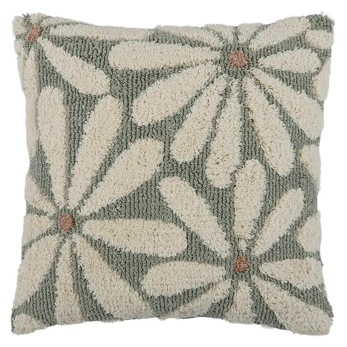 Cojín Edel - 45 x 45 cm, Textil, Verde, Cuadrado - Cojín con patrón floral crema y bucles verde salvia.