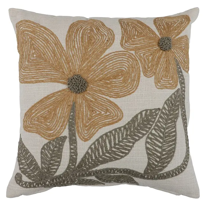 Cojín Bordado Lola - 45 x 45 cm, Textil, Ocre, Cuadrado - Cojín crema con bordado floral marrón texturizado y hojas color topo.