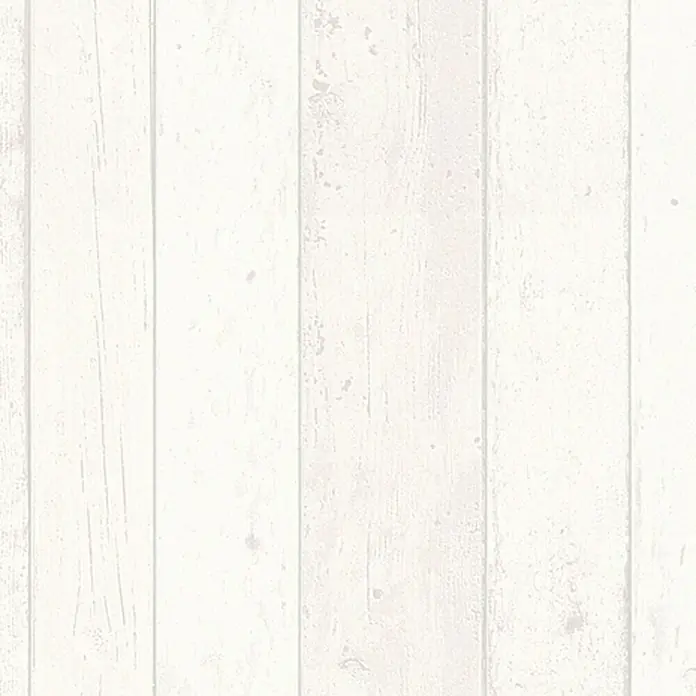 A.S. Création Papel pintado de vellón Madera blanca - Blanco, Efecto madera, 10,05 x 0,53 m - Primer plano de paneles de madera blanca texturizada, que ofrece una estética rústica y natural adecuada para diversas aplicaciones.