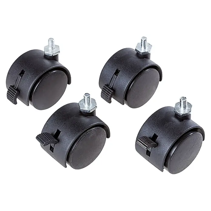 Regalux Clever Set de ruedas - 4 ud. - Cuatro ruedas giratorias de plástico negro con freno y vástagos roscados de metal.