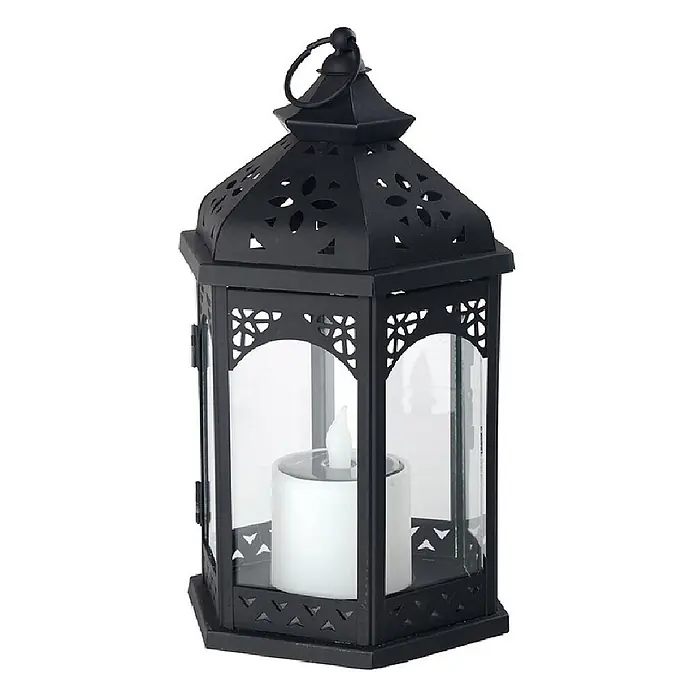 LED Solar Laterne Ramona -  - Schwarze Metalllaterne mit Glasplatten und weißer LED-Kerze.