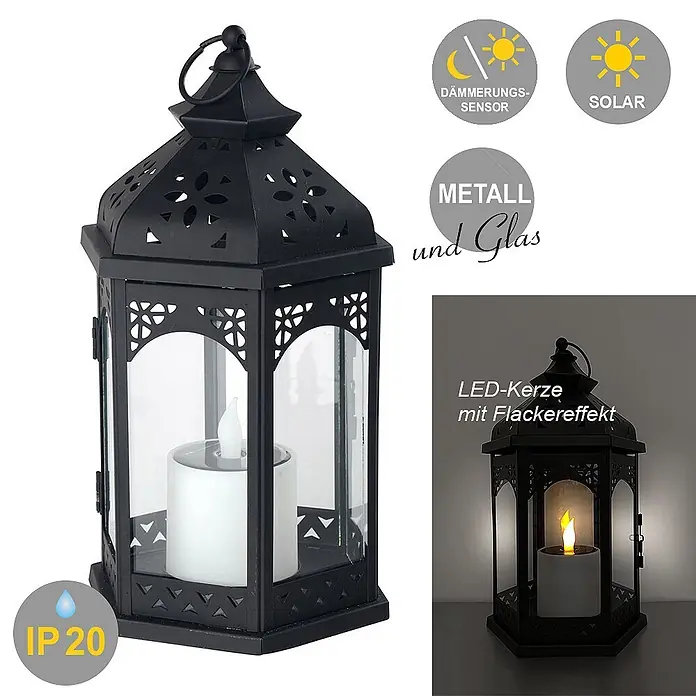 LED Solar Laterne Ramona -  - Schwarze Solar-Laterne aus Metall und Glas mit flackernder LED-Kerze und Dämmerungssensor.