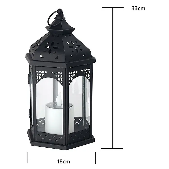 LED Solar Laterne Ramona -  - Schwarze Metalllaterne mit Glas, LED-Kerze, 33cm hoch, 18cm breit.